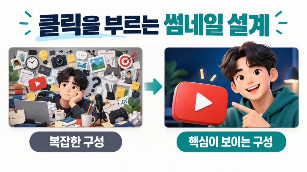 유튜브 썸네일 클릭률 높이기: 복잡한 구성과 핵심이 보이는 구성 비교